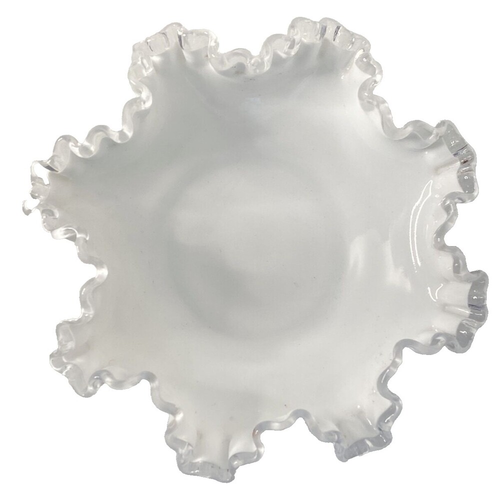 Vintage Fenton 6" Silver Crest Double White Glass Crimped Candy Dish
